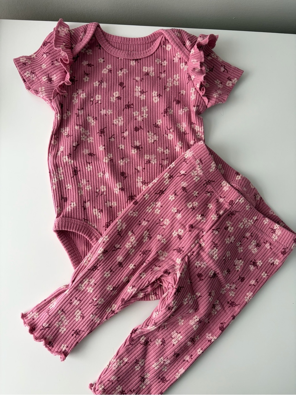 Ribbed Pink Floral Ruffle-Trim baby Set